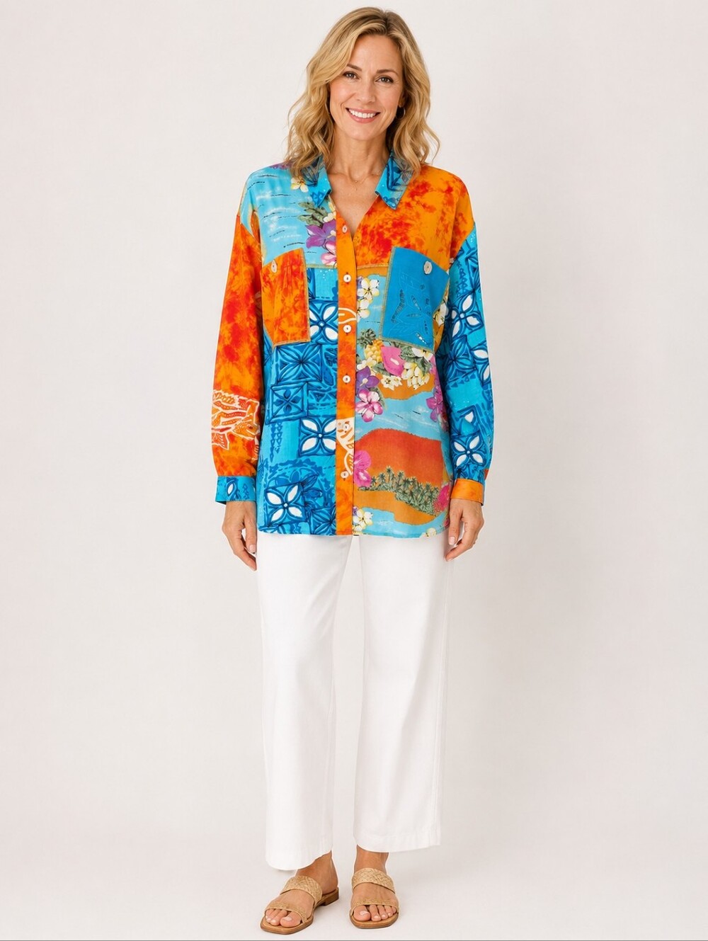 Surya Vintage Tropical Patchwork Rayon Button Front Blouse Shirt Medium